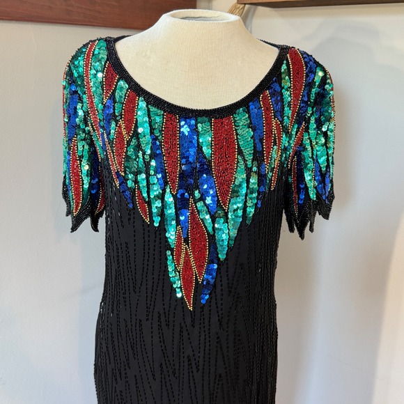 Vintage 80s Nite Line Silk Beaded Sequin Cocktail Dress Black Multicolor Size 12 - Picture 2 of 9
